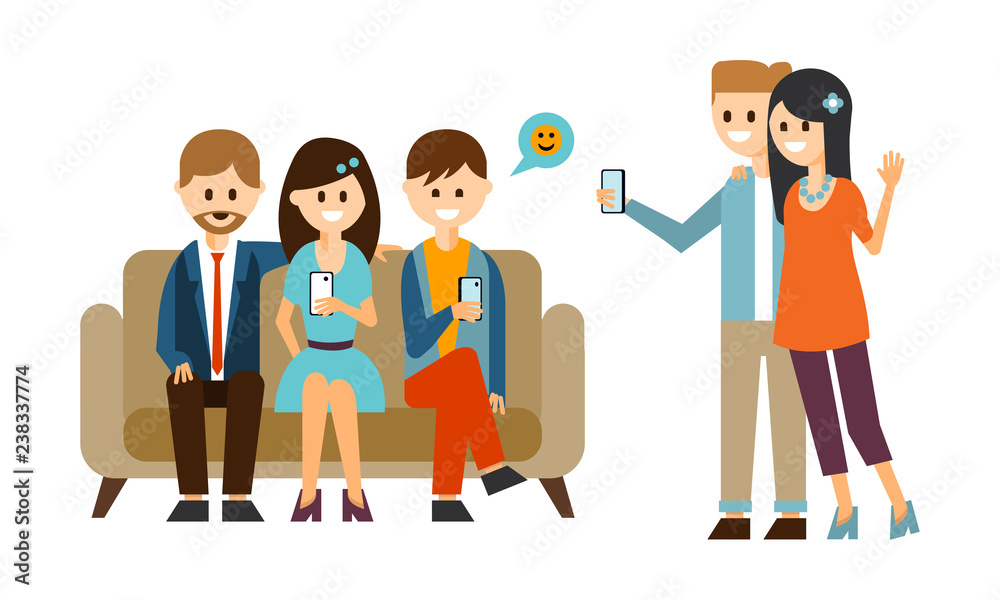 Group of young people sitting on sofa and using mobile phones. Couple making selfie with smartphone. Flat vector design