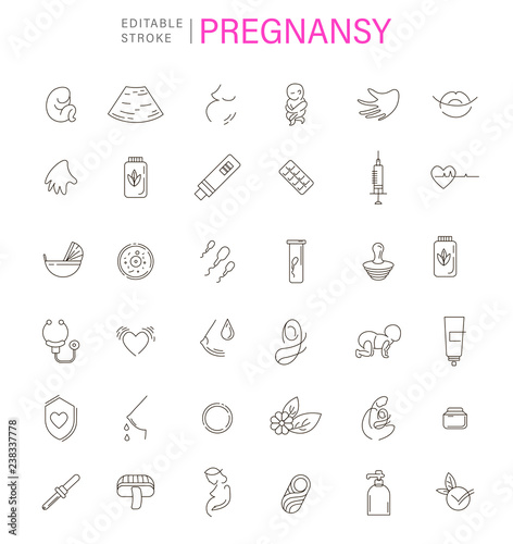Vector icon and logo for pegnancy and gynecology. Editable outline stroke size. Line flat contour, thin and linear design for adoption and babysitter. Simple icons. Concept illustration. Sign, symbol