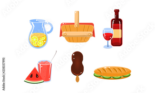 Flat vector set of traditional French picnic food and drinks. Lemonade, wine, ice cream and watermelon dessert, sandwich, basket