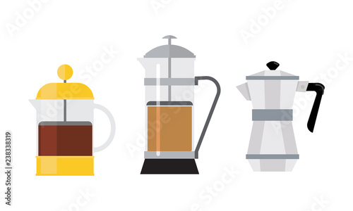 Flat vector set of 3 different coffee makers. Tasty drink. Hot beverage. Elements for promo poster or banner