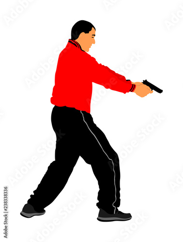 Public crime scene, gunfight battle. Man with gun shooting vector illustration. Conflict situation. Gun fire. police secret agent shutting. Sportsman  shooting in shooting range.