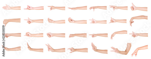 Multiple boy caucasian hand gestures isolated over the white background, set of multiple images