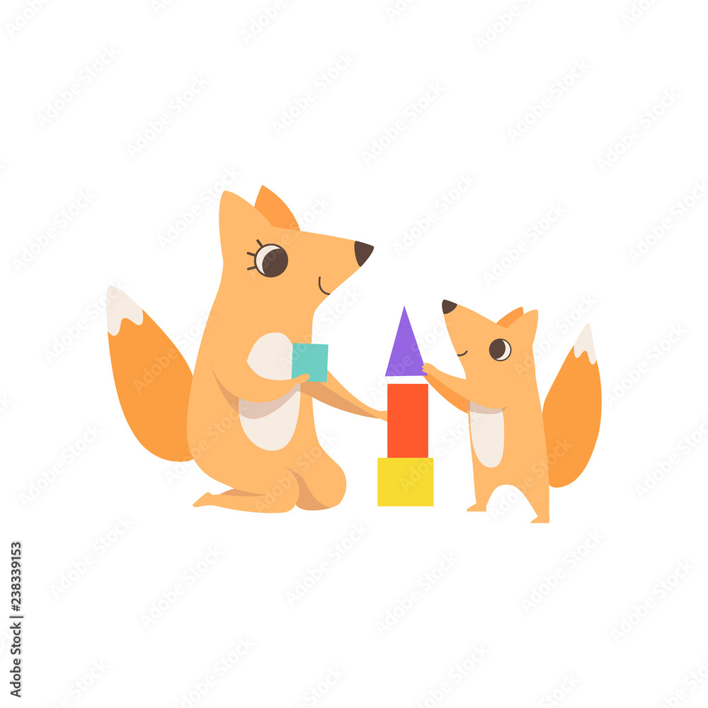 Obraz premium Loving mother fox playing with a toy pyramid with her little baby, animal family, parenting concept vector Illustration