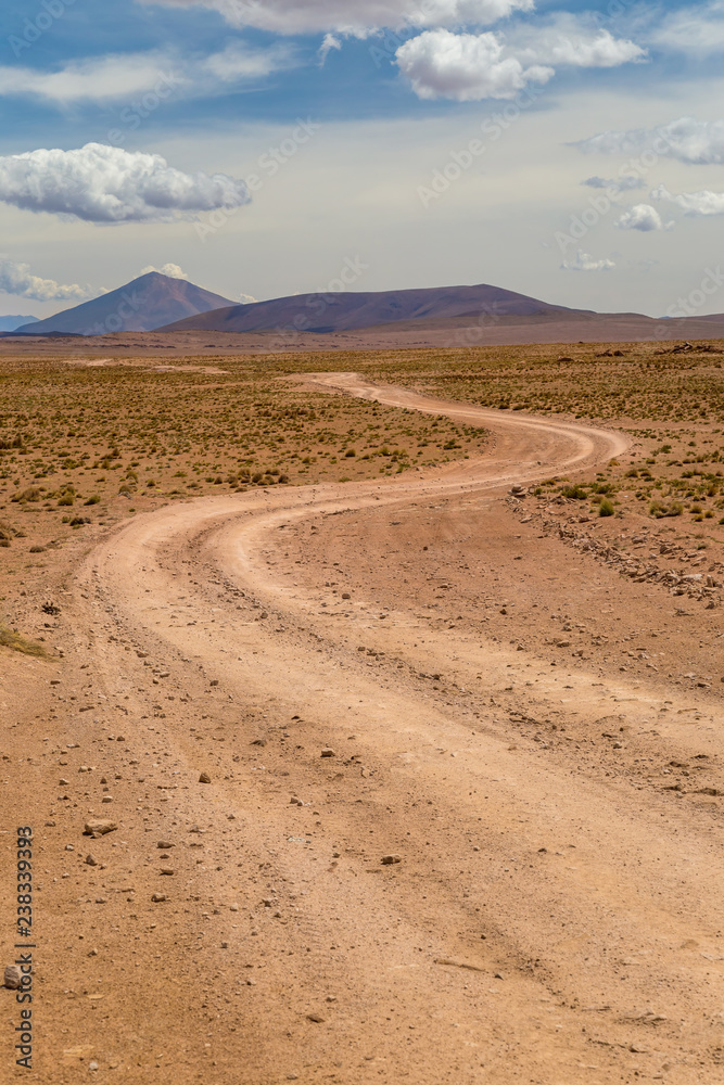Winding dirt road in a high desert. Altiplano, Bolivia Winding dirt road in a high desert. Altiplano, Bolivia