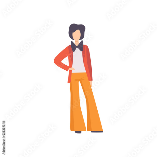 Young man dressed in trousers, jacket and bow tie, man in fashionable clothes from the 70s vector Illustration on a white background
