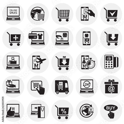 Online shopping icons set on circles background for graphic and web design, Modern simple vector sign. Internet concept. Trendy symbol for website design web button or mobile app