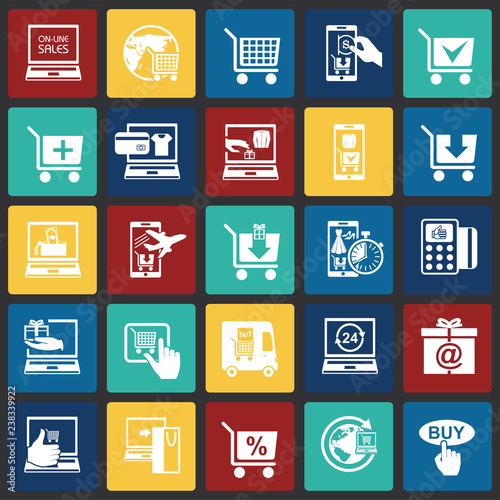 Online shopping icons set on color squares background for graphic and web design, Modern simple vector sign. Internet concept. Trendy symbol for website design web button or mobile app