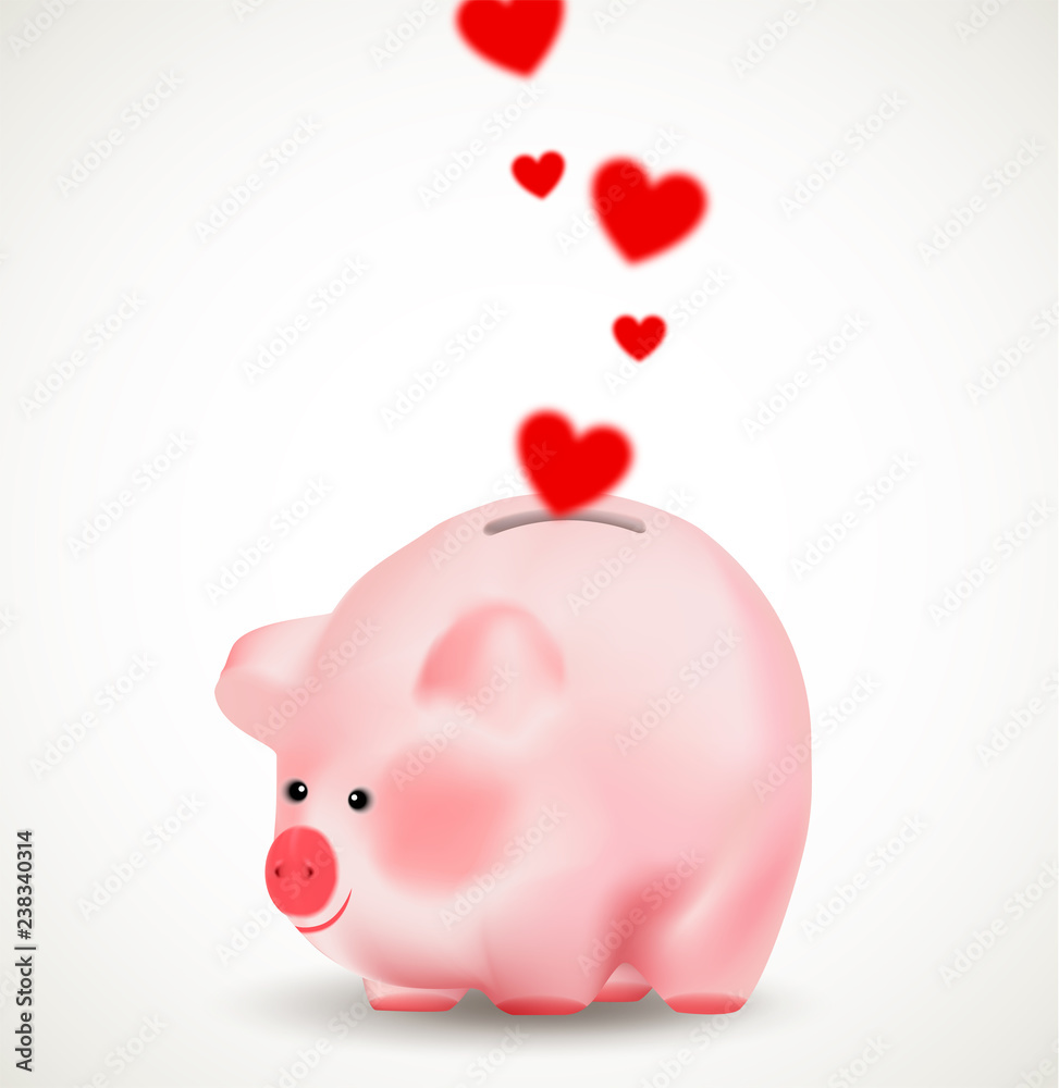 Falling red hearts in a piggy bank. Conceptual realistic vector illustration Falling red hearts in a piggy bank. Conceptual realistic vector illustration
