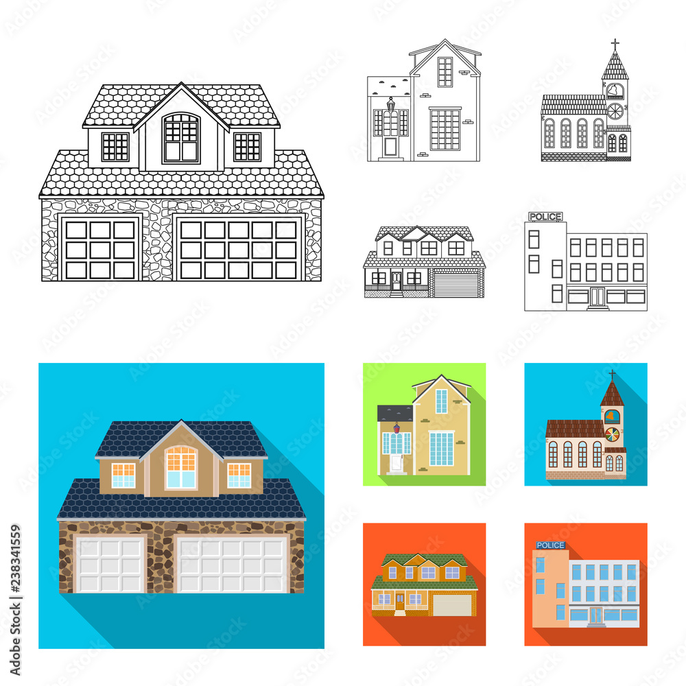 Vector illustration of building and front symbol. Set of building and roof stock symbol for web.