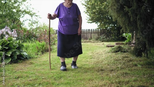 An elderly woman with a cane walking along the lawn near her house to the gate photo