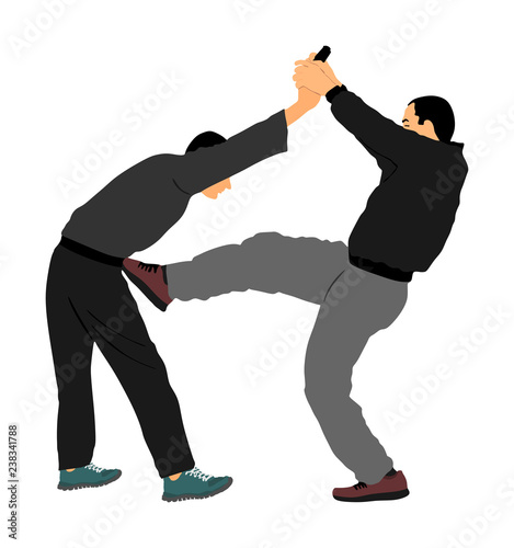 Self defense battle vector illustration. Man fighting against aggressor with gun or pistol. Krav maga demonstration in real situation. Combat for life against terrorist. Army skill action.