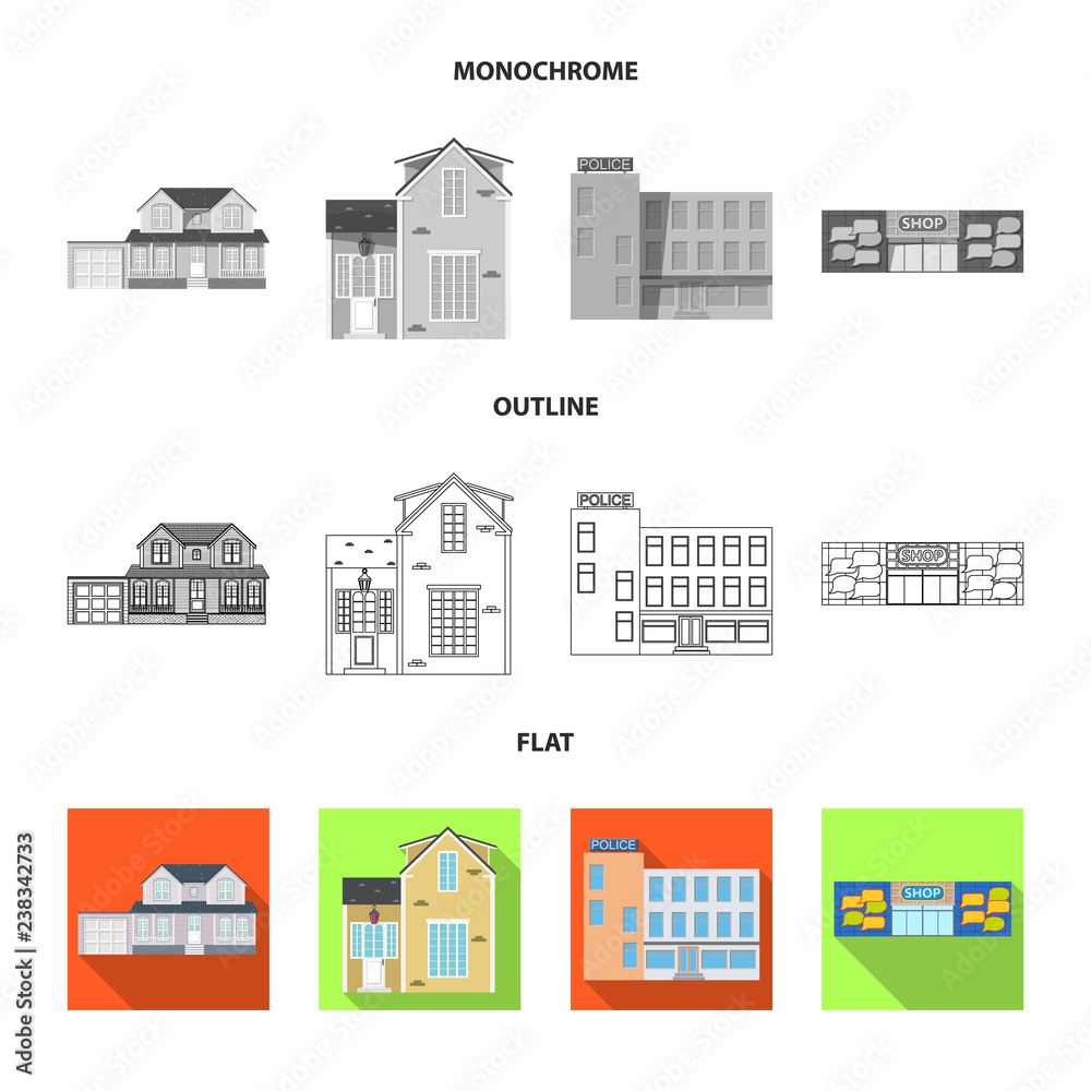Vector illustration of building and front icon. Collection of building and roof vector icon for stock.