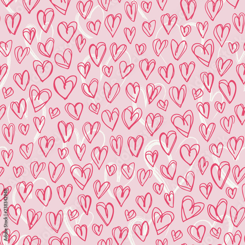 Hand Drawn Doodle Red Hearts Valentine's Day vector Seamless Pattern. Cute Graffity Pink Background