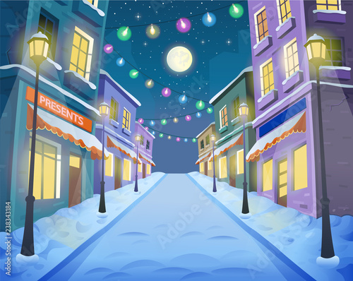Road over the street with lanterns and a garland. Vector illustration of winter city street in cartoon style.