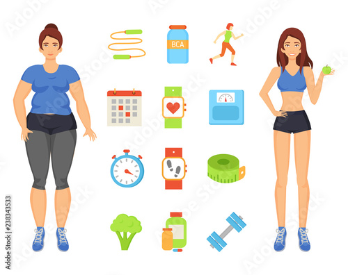 Woman Sportive and Fat Lady Vector Illustration
