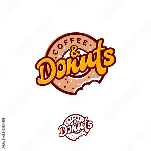 Donuts and Coffee logo. Cafe or bakery emblem. Bitten Donut with lettering and small candies. Monochrome option.