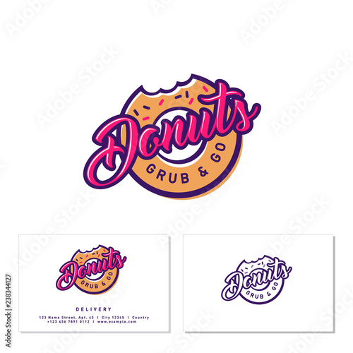 Donuts shop logo. Cafe or bakery emblem. Bitten Donut with lettering and small candies. Identity. Business Card.