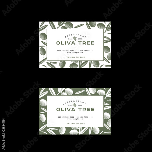 Oliva tree logo at engraving Style. Olive illustration with letters. Business Card. Pattern of Ripe olives and leaves on a green background.