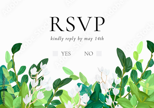 Floral wedding invitation or save the date card with green leaves, succulents, eucalyptus and white may flowers. Vector illustration.