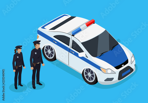 Policemen Standing Near Vehicle Vector Poster