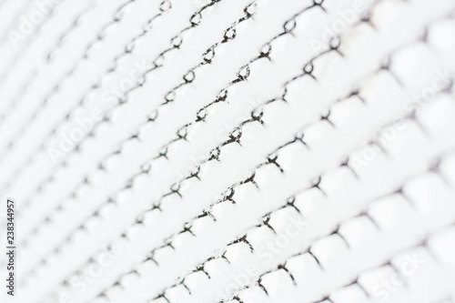 Rabitz mesh fence covered with snow. White background texture