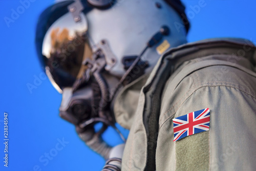 Jet aircraft pilot flight suit uniform with UK British flag patch.