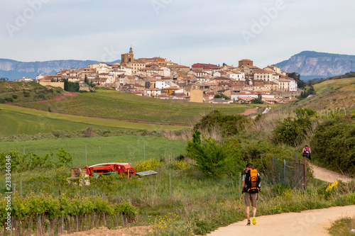 Rear view of two pilgrims on the Way of St. James, Camino de Santiago in Spain, the Cirauqui or Zirauki urban skyline in the distance