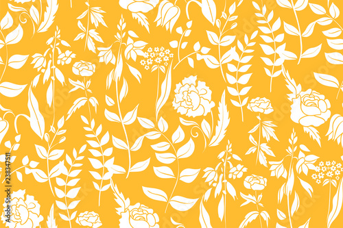 Silhouettes of different flowers and leaves hand drawn.Vector floral seamless background pattern for wallpaper, textile prints, fabric.
