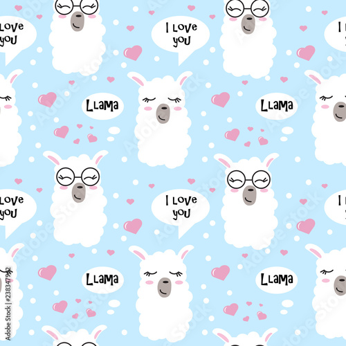 Seamless pattern with hearts and lama faces. Cute llama head drawings with lettering and different emotions. Hand drawn vector pattern with alpaca for cards, t-shirts, cases, textile.