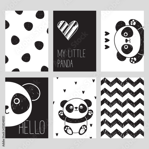 A set of six black and white cards with a cute panda. My little panda. Hello. Vector illustration in the Scandinavian style. Suitable for postcards, posters, printing, children's room.