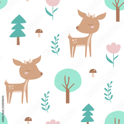 Seamless pattern with deer, spruce, mushroom, tree, plant, flower. Creative woodland background. Perfect for kids apparel, fabric, textile, nursery decoration, wrapping paper. Vector Illustration.