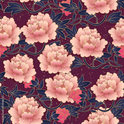 Chinese elegant botanic garden pink purple peony flower seamless pattern background