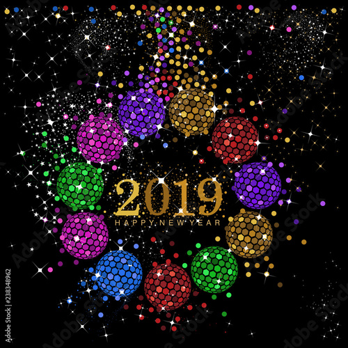 A vector design of rainbow color baubles in a circular format with New Year 2019 text in the center