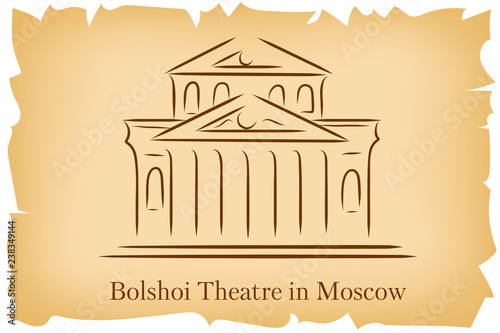 Bolshoi Theatre in Moscow, Russia lineart illustration for logo, icon, poster, banner on background imitating brown old paper with ragged edge. Front view to Bolshoi Theatre, vintage hand drawn sketch