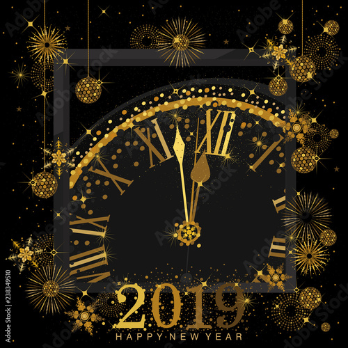 Gold Clock indicating countdown to 12 O' Clock 2019 New Year's Eve on a black 

background with abstract snowflakes and fireworks