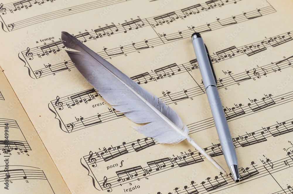 Fototapeta premium Pen and pen lie on the stave.