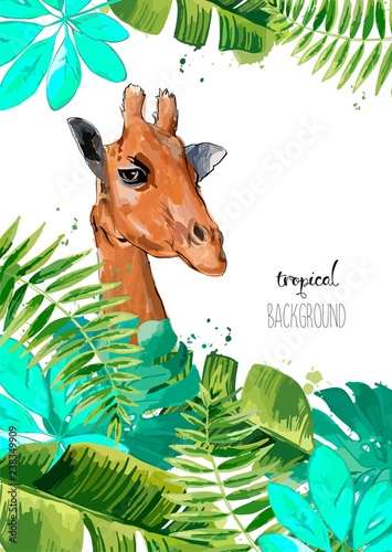Background with Tropical Leaves and giraffe . Suitable for nature concept, safari, zoo and summer holiday. Vector Illustration.