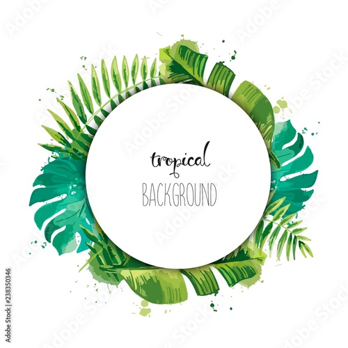 Summer template design with green tropical plants and palm leaves.