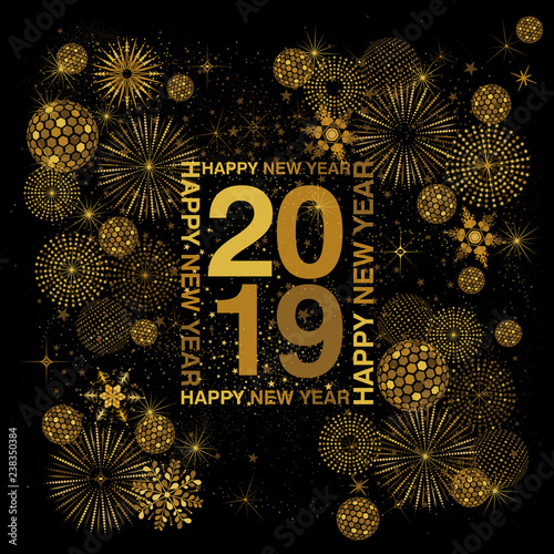 Rectangle typography frame with Happy New Year lettering around 2019 numerals in gold on a black background with abstract snowflakes fireworks and disco balls