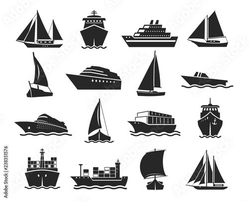 Fototapeta Ship and marine boat black silhouette set
