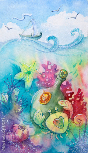 Underwater world  seabed. Sunken treasure  coral reef  fish  crabs  treasure  starfish. Watercolor illustration  drawing.
