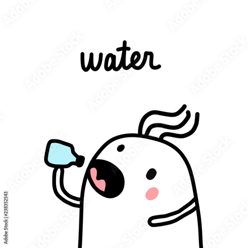 Water drinking thirsty marshmallow hand drawn with bottle of water for prints posters banners background notebooks journals articles kids