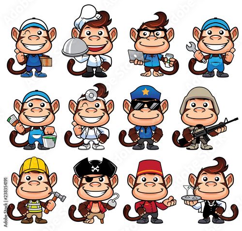 Cartoon monkey in 12 poses for different occupations and isolated on white background. 

