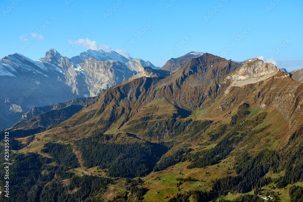 Mountain morning view in Lauterbrunnen valley in Switzerland.