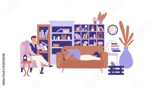 Lazy people relaxing in living room full of exquisite furniture. Man and woman spending time at home and lazing around. Laziness and idleness. Colorful vector illustration in trendy flat style.