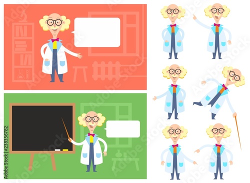 Funny scientist with different emotions in varios poses and locations