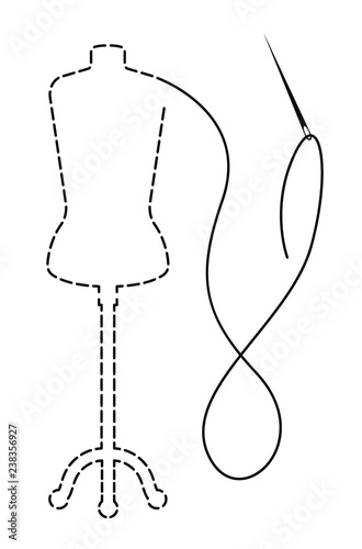 Silhouette of dummy with interrupted contour. Hand made vector illustration with embroidery thread and needle on white background.