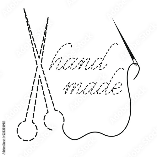 Silhouette of knitting needles and words Hand Made with interrupted contour. Vector illustration with embroidery thread and needle on white background