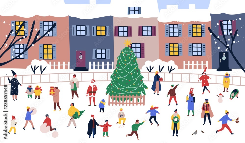 Obraz premium Men and women walking around big Christmas tree on street against city buildings on background. Adults and children performing outdoor activities on town square. Flat cartoon vector illustration.