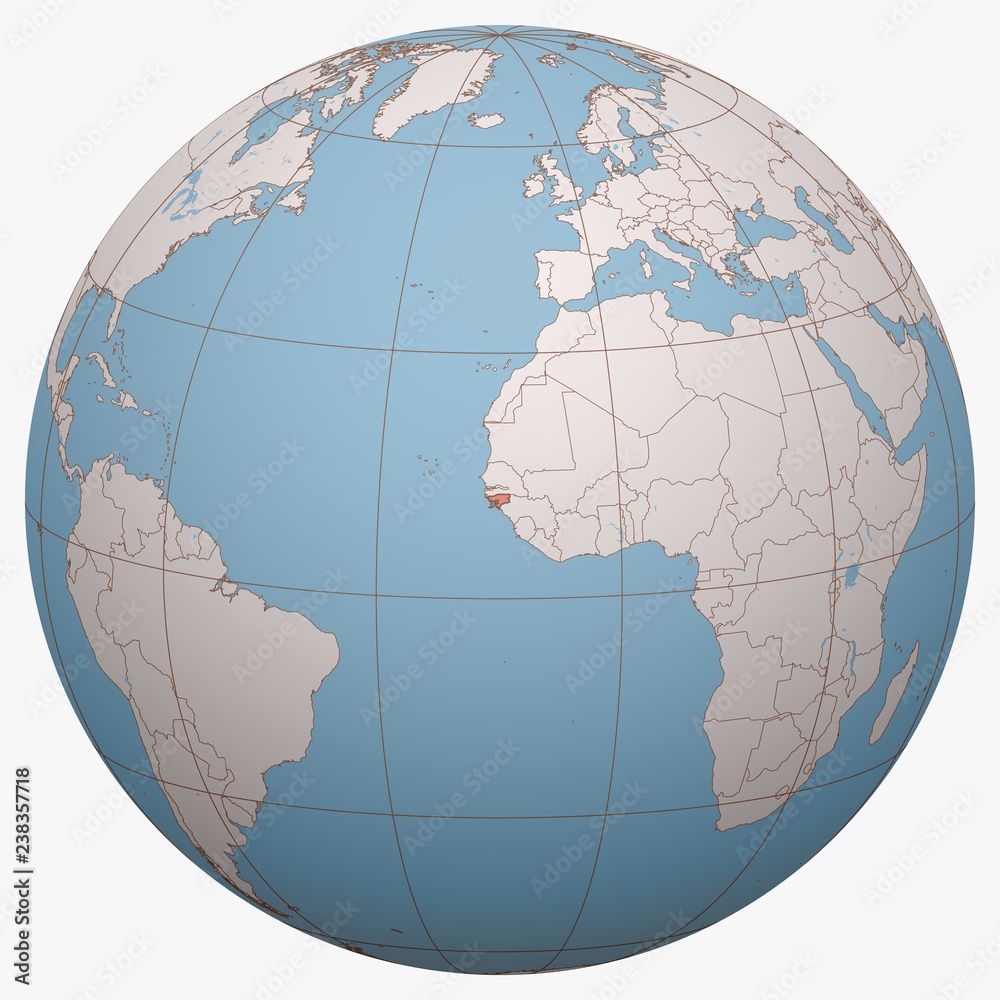 Guinea-Bissau on the globe. Earth hemisphere centered at the location of the Republic of Guinea-Bissau. Guinea-Bissau map.